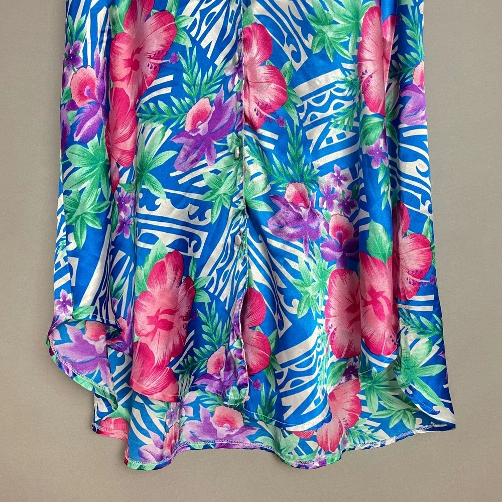 Vintage‎ Floral Blouse Satin Tropical Button-Up Sleeveless Size Small Blue Pink